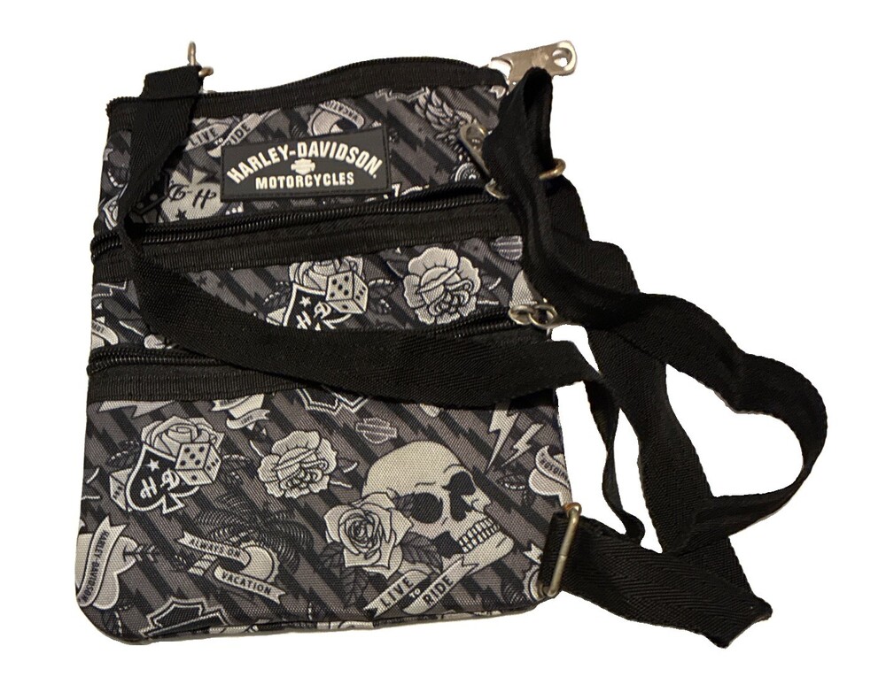 Harley-Davidson Skull Rose Black & Gray Print Crossbody Small Bag Zippered